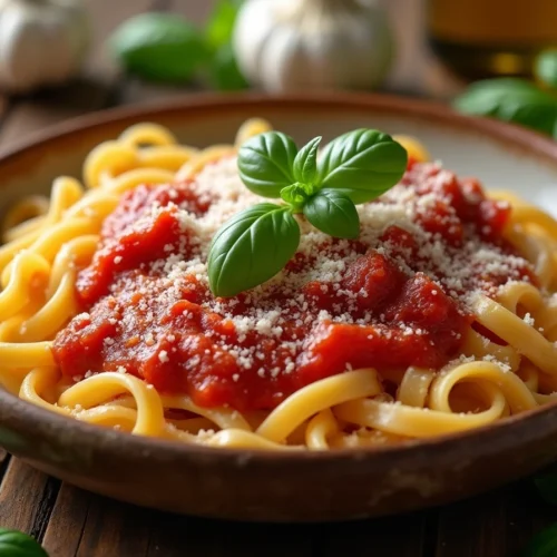 Freshly cooked mafaldine pasta topped with a rich tomato sauce, fresh basil, and grated Parmesan cheese on a white plate.