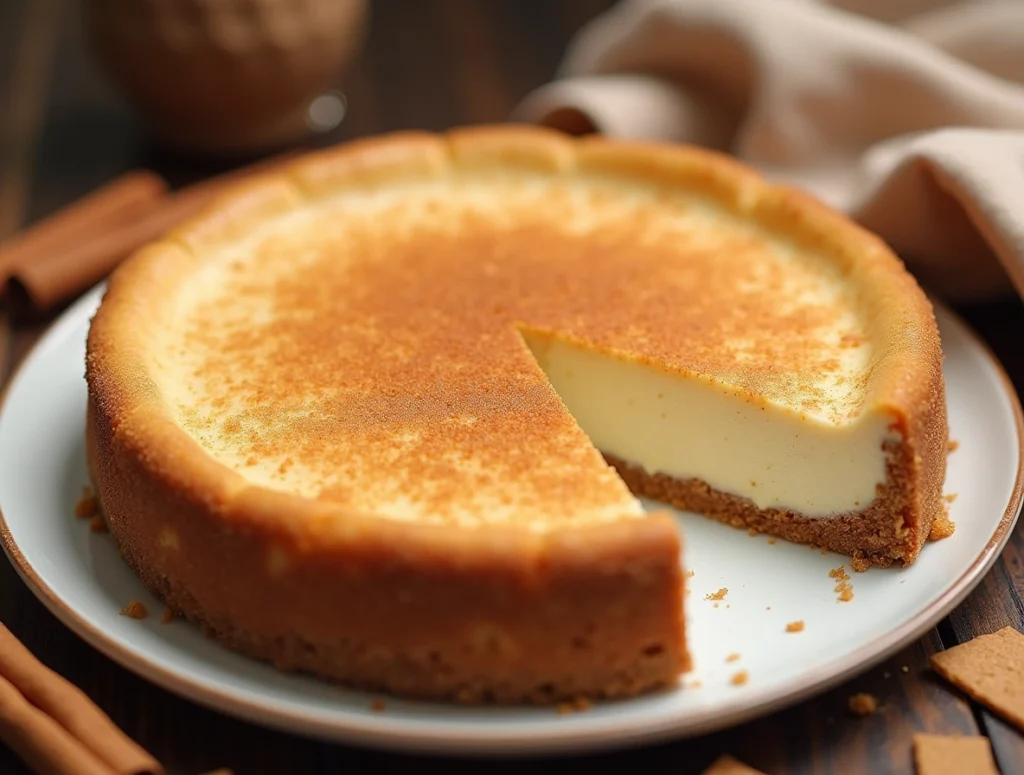 A freshly baked churro cheesecake topped with cinnamon sugar, showcasing its creamy layers and crispy golden crust.