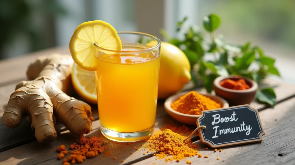 Fresh ingredients like ginger, lemon, turmeric, and honey displayed alongside a glass of vibrant immunity shots.
