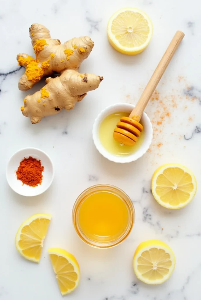 Fresh ingredients for an immunity shot recipe, including ginger, turmeric, lemon, honey, and cayenne pepper, arranged on a wooden countertop.