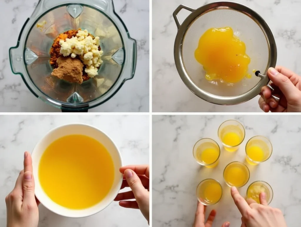 Step-by-step process of making immunity shots, featuring fresh ginger, turmeric, lemon, and honey being blended and poured into small bottles.