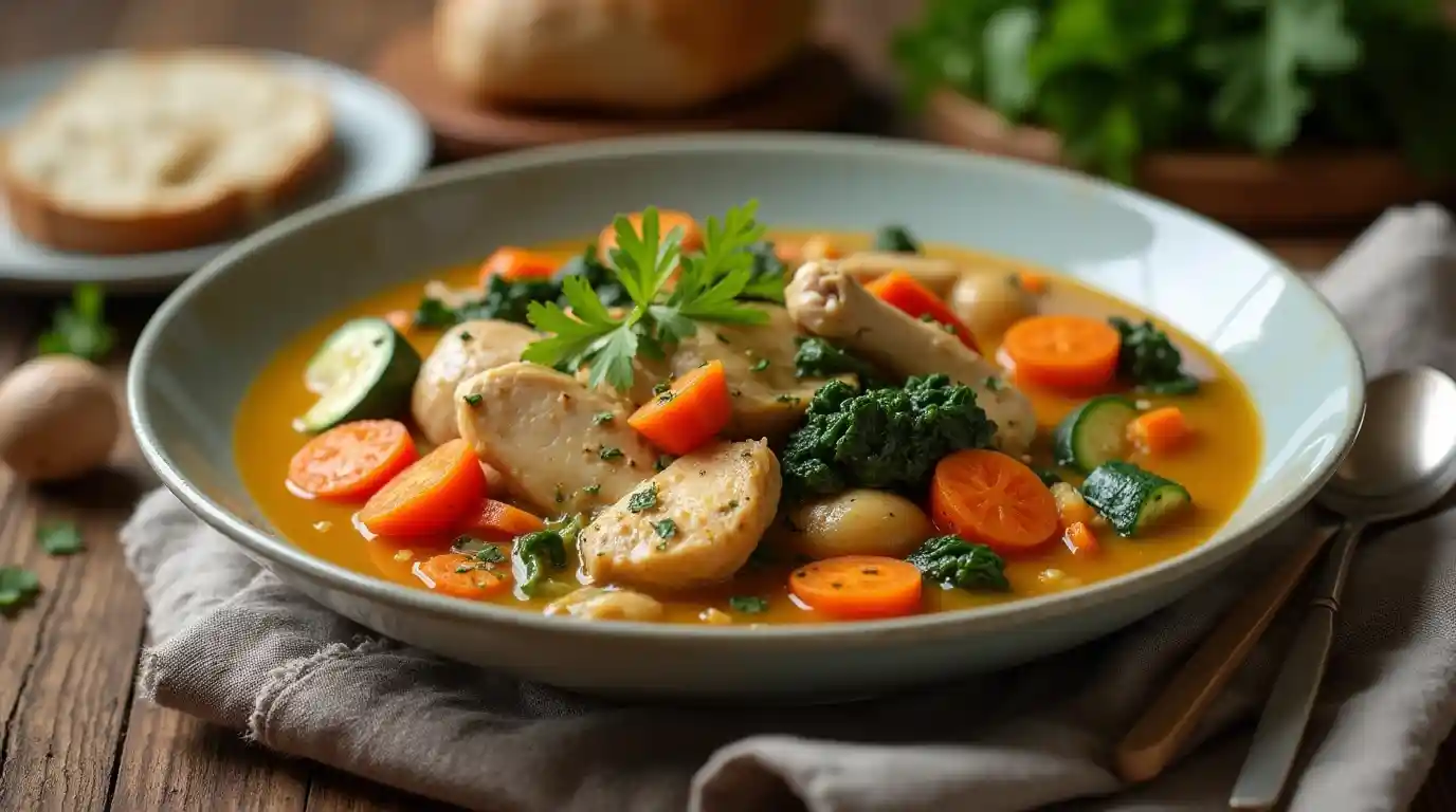 A colorful plate of AIP (Autoimmune Protocol) recipes featuring grilled chicken, roasted vegetables, and a fresh herb garnish.