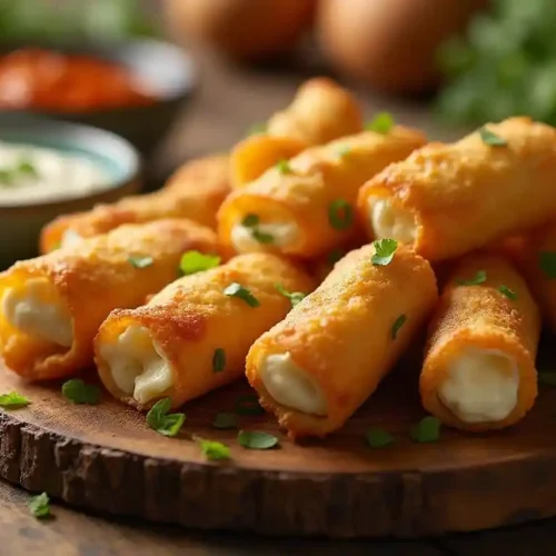 Golden-brown egg rolls stuffed with goat cheese and jalapeños, served with a dipping sauce on a white platter.