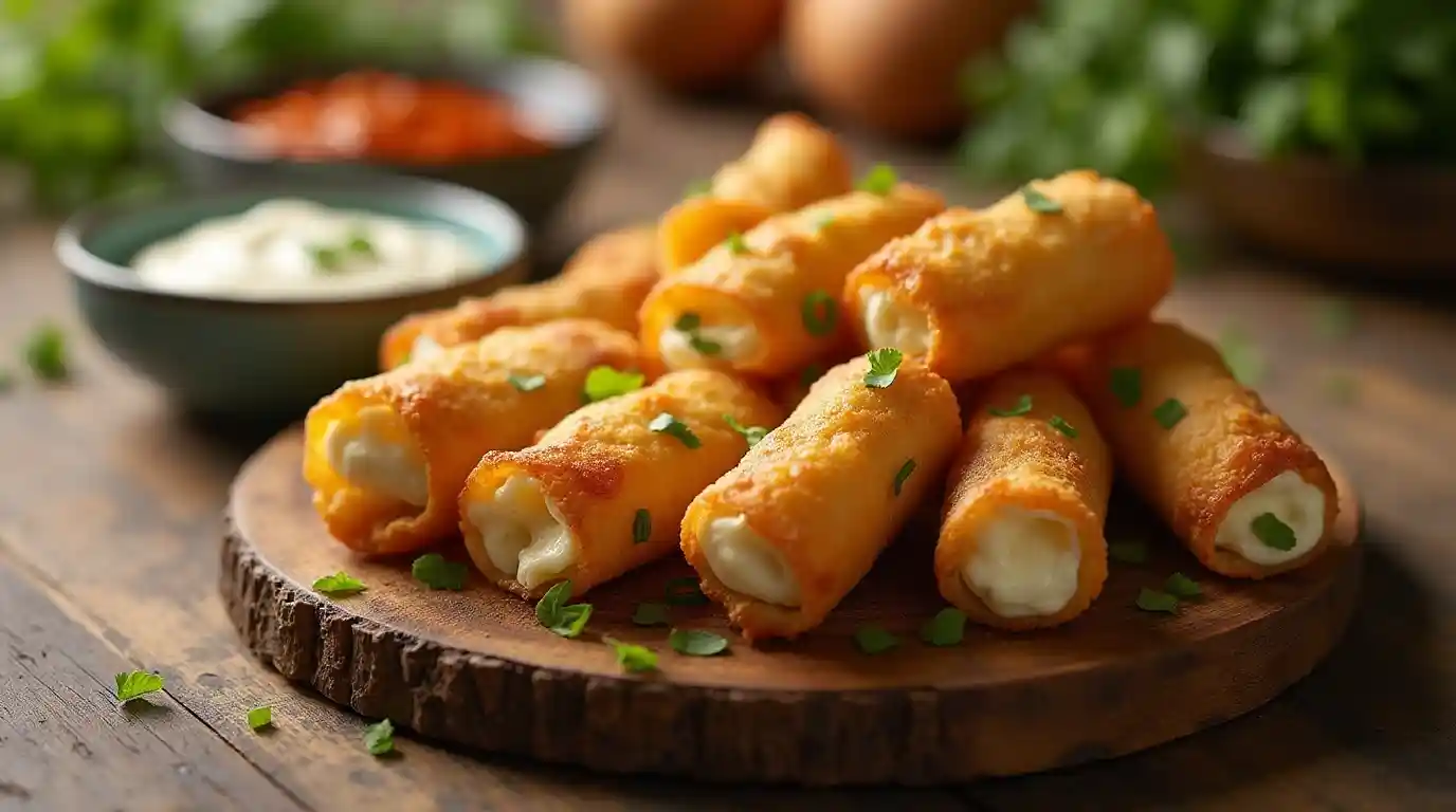 Golden-brown egg rolls stuffed with goat cheese and jalapeños, served with a dipping sauce on a white platter.