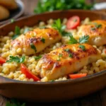 A casserole dish filled with creamy forgotten chicken, topped with golden-brown rice and garnished with fresh parsley.