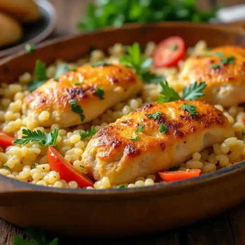 A casserole dish filled with creamy forgotten chicken, topped with golden-brown rice and garnished with fresh parsley.