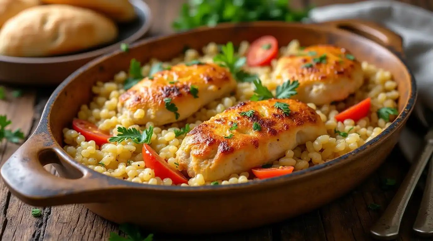 A casserole dish filled with creamy forgotten chicken, topped with golden-brown rice and garnished with fresh parsley.
