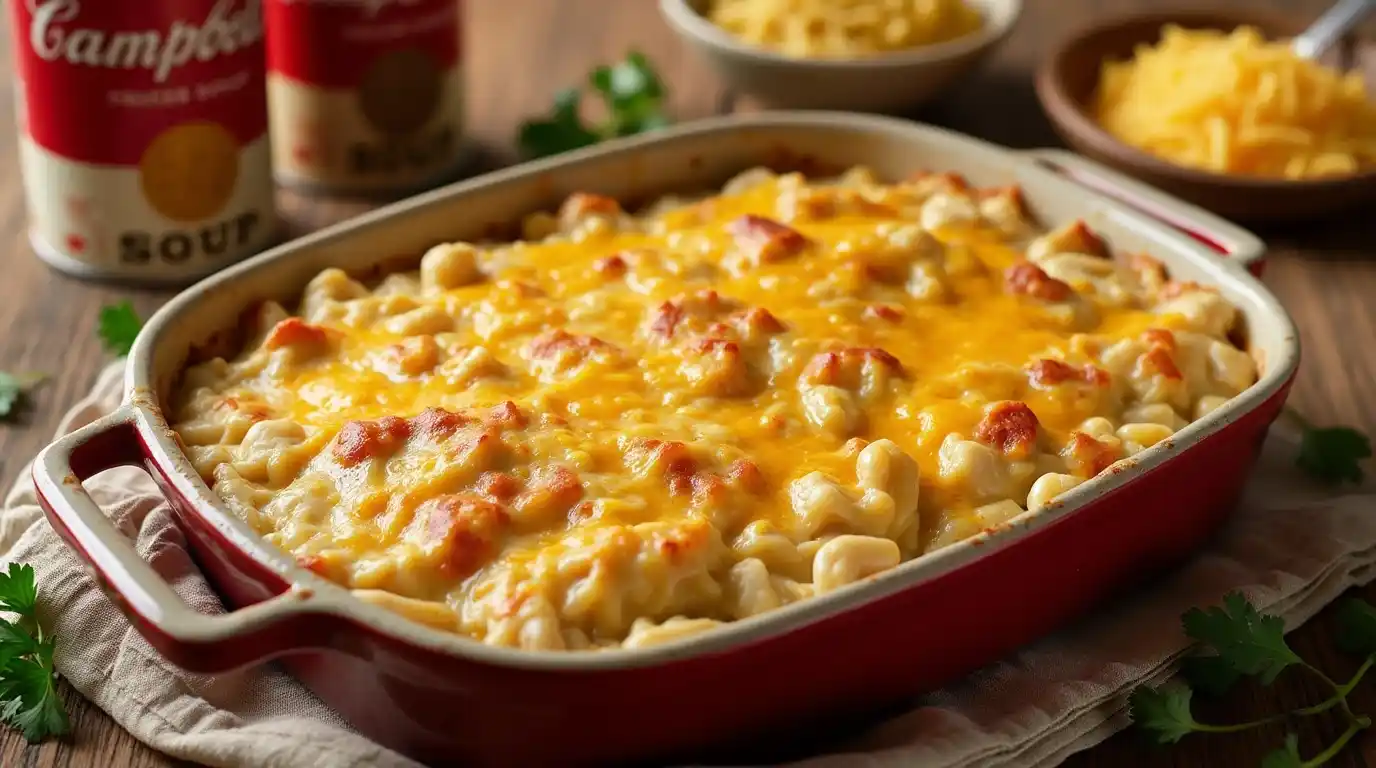 A hearty dish made with Campbell's soup, featuring creamy textures, fresh vegetables, and garnished with herbs.