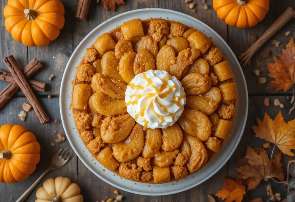 A freshly baked pumpkin dump cake served in a dish with a golden crust, topped with whipped cream and a sprinkle of cinnamon.