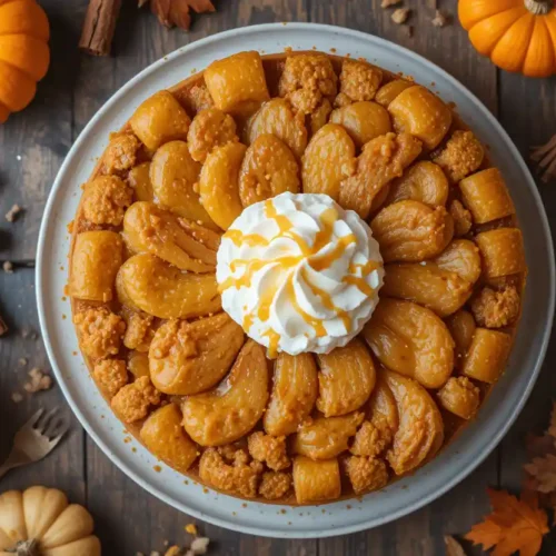 A freshly baked pumpkin dump cake served in a dish with a golden crust, topped with whipped cream and a sprinkle of cinnamon.