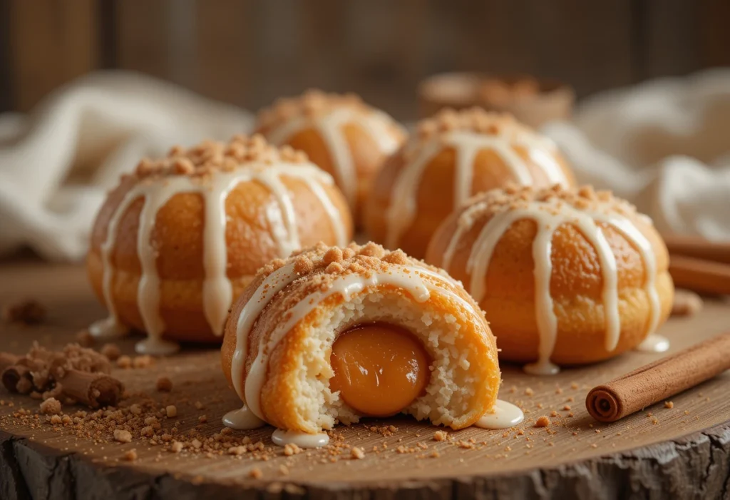 Close-up of Taco Bell Cinnabon Delights, golden-brown bite-sized pastries filled with creamy frosting and dusted with cinnamon sugar.