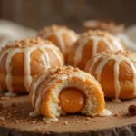 Close-up of Taco Bell Cinnabon Delights, golden-brown bite-sized pastries filled with creamy frosting and dusted with cinnamon sugar.
