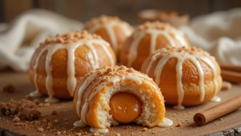 Close-up of Taco Bell Cinnabon Delights, golden-brown bite-sized pastries filled with creamy frosting and dusted with cinnamon sugar.