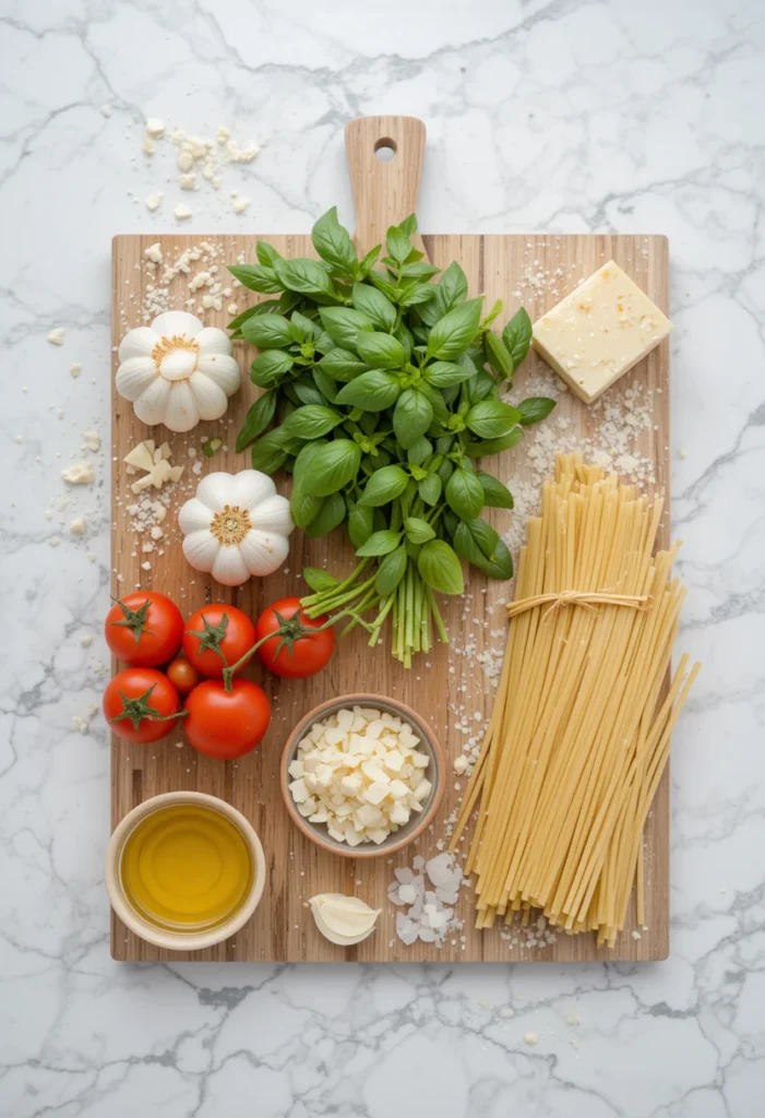 Ingredients for a mafaldine pasta dish, including mafaldine pasta, fresh tomatoes, garlic, olive oil, basil, and Parmesan cheese, arranged on a wooden countertop.