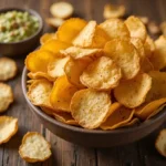 A bowl of golden, crispy kettle chips with a side of dipping sauce on a rustic wooden table.