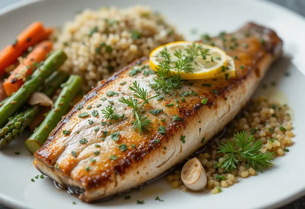Perfectly cooked steelhead trout fillet garnished with fresh herbs and lemon slices, served on a white plate.