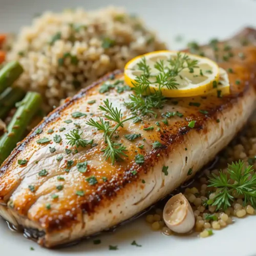 Perfectly cooked steelhead trout fillet garnished with fresh herbs and lemon slices, served on a white plate.