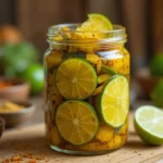 An open jar of bright, oil-free Indian lime pickle on a wooden board, surrounded by fresh limes and Indian spices.