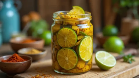 An open jar of bright, oil-free Indian lime pickle on a wooden board, surrounded by fresh limes and Indian spices.