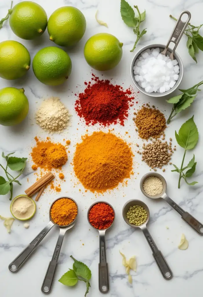 Fresh limes, Indian spices, and measuring spoons arranged on a white surface.