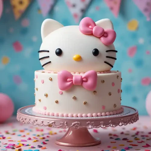 A beautifully decorated Hello Kitty cake with pink frosting, a bow, and charming details, displayed on a festive table.