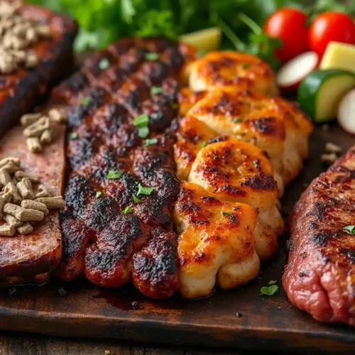 Modern pellet grill in a backyard, cooking a variety of meats and vegetables with smoke wafting through the air.