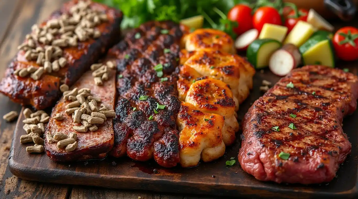 Modern pellet grill in a backyard, cooking a variety of meats and vegetables with smoke wafting through the air.