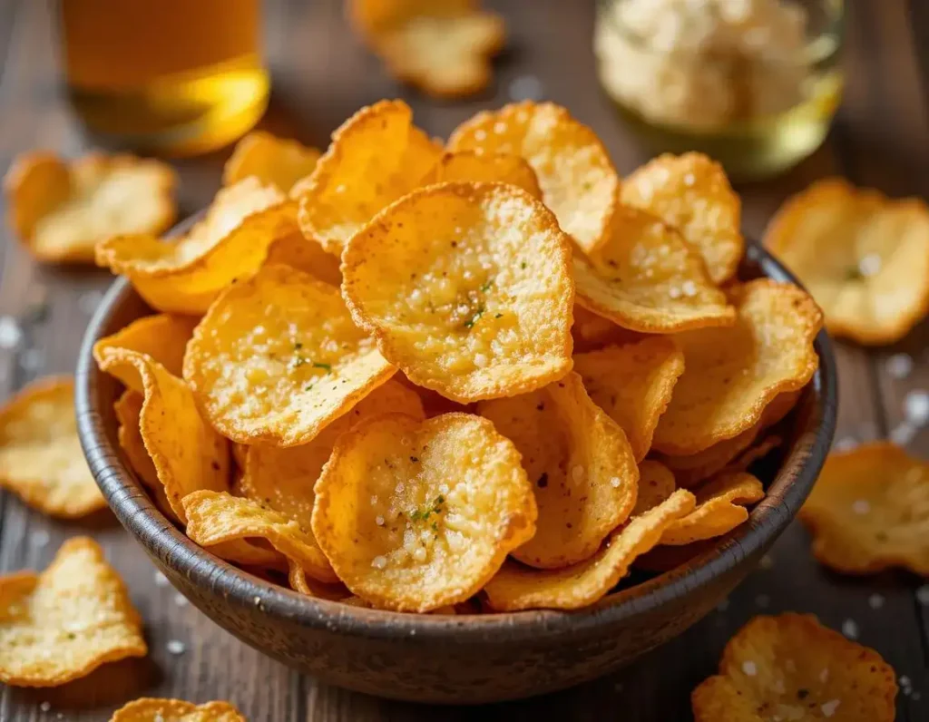 A bowl of crispy salt and vinegar chips with a sprinkle of sea salt and a vinegar bottle in the background.