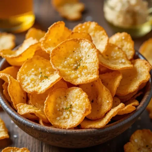 A bowl of crispy salt and vinegar chips with a sprinkle of sea salt and a vinegar bottle in the background.