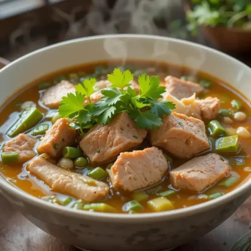 A bowl of sinigang served with steamed rice, fresh vegetables, and a side of fish sauce with chili.