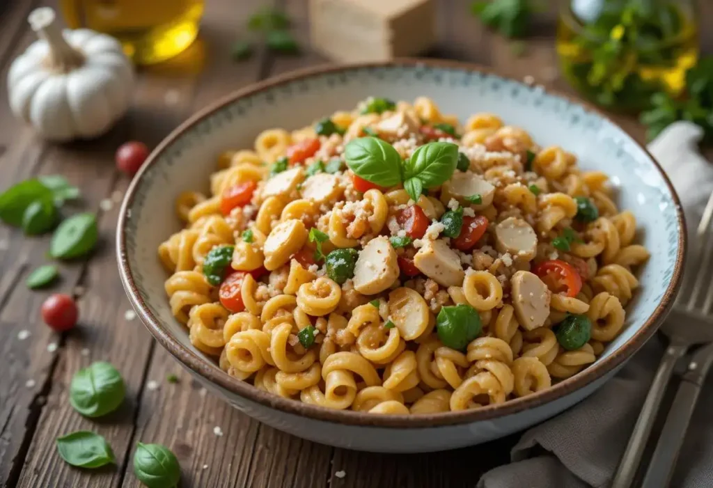 A delicious plate of ditalini pasta served with a savory tomato-based sauce, fresh herbs, and grated cheese.