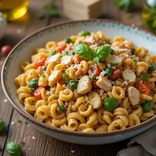 A delicious plate of ditalini pasta served with a savory tomato-based sauce, fresh herbs, and grated cheese.