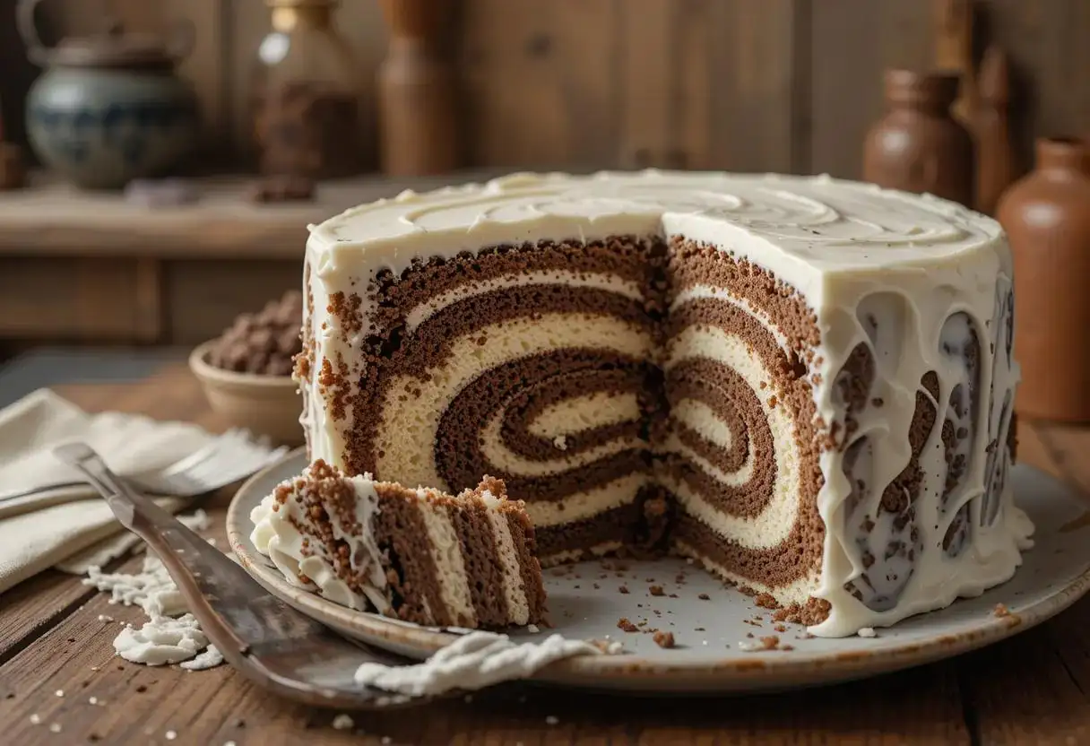 Delicious zebra cakes with alternating chocolate and white icing stripes, stacked on a plate