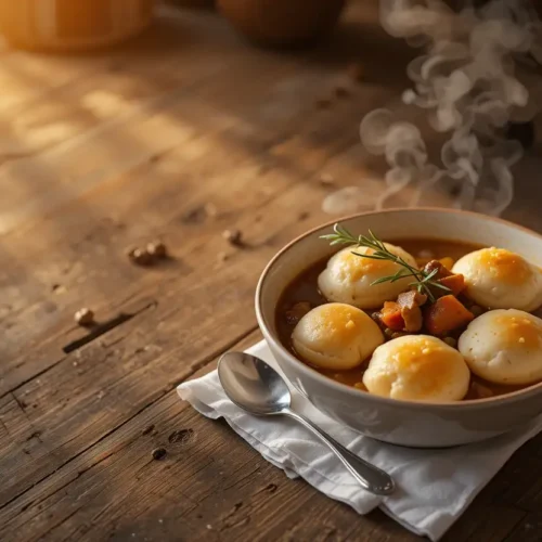 Fluffy Bisquick dumplings served in a hearty bowl of stew, garnished with fresh herbs for a comforting meal.