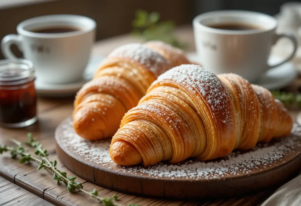 Freshly baked golden-brown Gipfeli (Swiss croissants) on a wooden board, served with butter and jam.