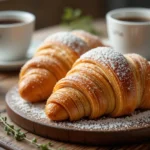 Freshly baked golden-brown Gipfeli (Swiss croissants) on a wooden board, served with butter and jam.