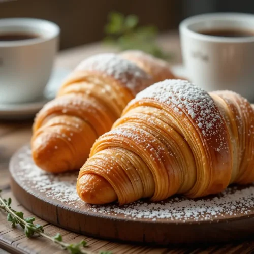 Freshly baked golden-brown Gipfeli (Swiss croissants) on a wooden board, served with butter and jam.