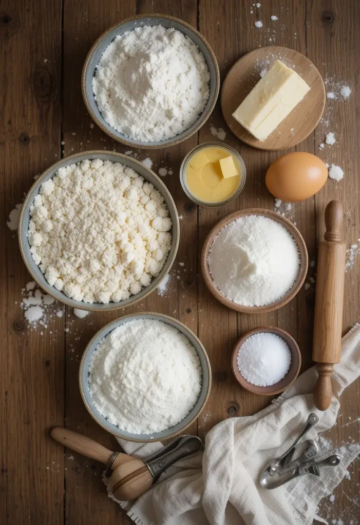 Ingredients for making Gipfeli, including fresh dough, butter, sugar, and almonds, arranged on a kitchen counter.