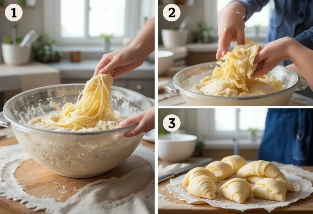 Step-by-step process of making flaky, golden Gipfeli pastries, from rolling dough to baking the perfect croissant-like treats.