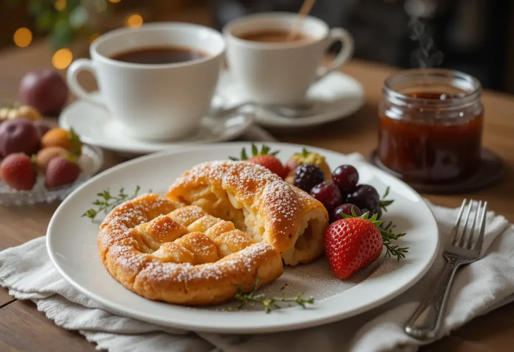 Delicious Gipfeli (Swiss croissants) served with butter, jam, and a hot cup of coffee on a rustic wooden table.