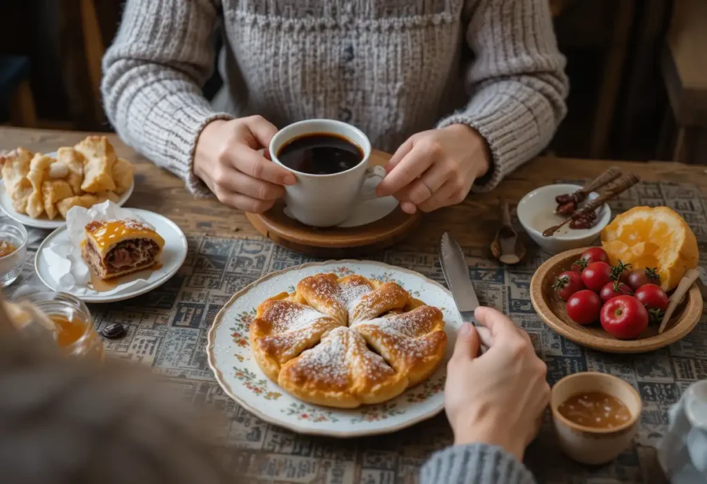 A plate of freshly baked Gipfeli, with a golden-brown finish, served with a cup of coffee, showcasing the delicious conclusion of the recipe.