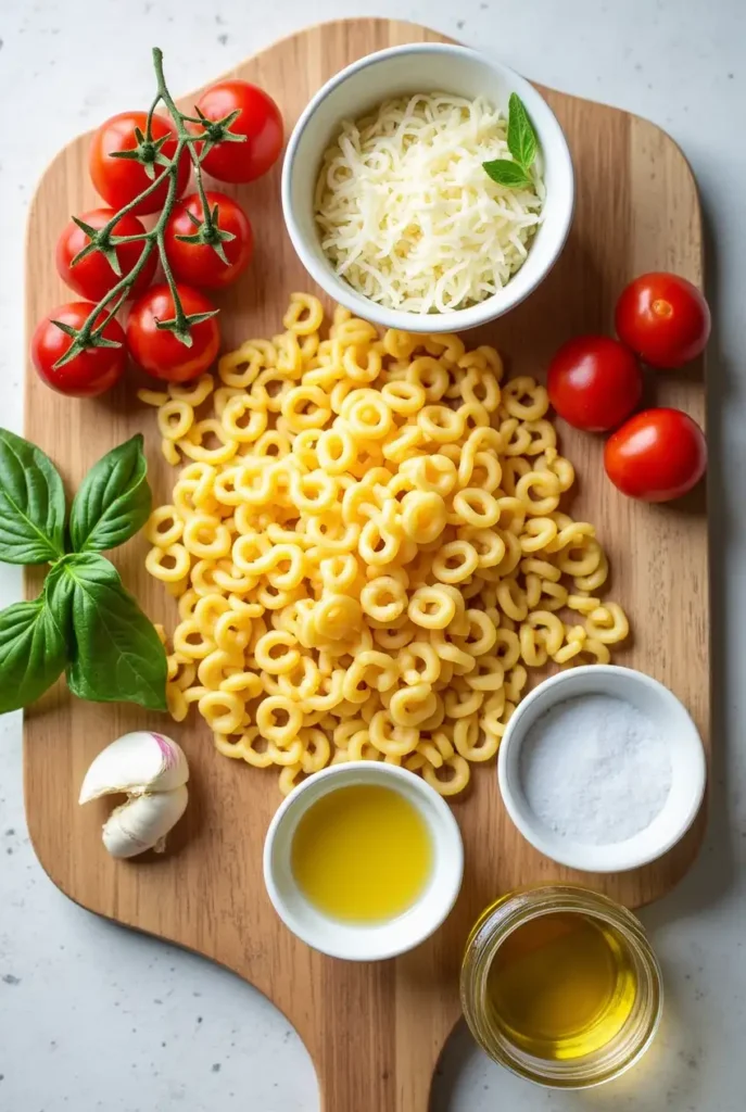 "Fresh ingredients for a ditalini pasta recipe, including ditalini pasta, tomatoes, garlic, olive oil, and fresh herbs on a kitchen counter.