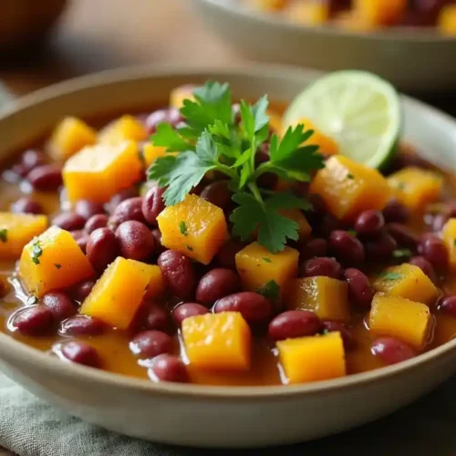 A bowl of squash and kidney beans garnished with cilantro and lime on a wooden table.