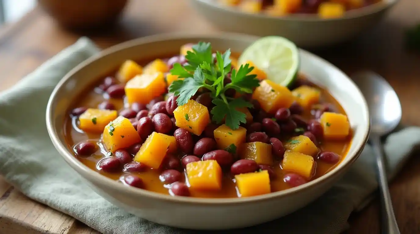 A bowl of squash and kidney beans garnished with cilantro and lime on a wooden table.