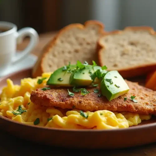 A beautifully plated chicken breakfast with crispy chicken strips, fluffy scrambled eggs, avocado slices, and whole wheat toast on a rustic wooden plate.