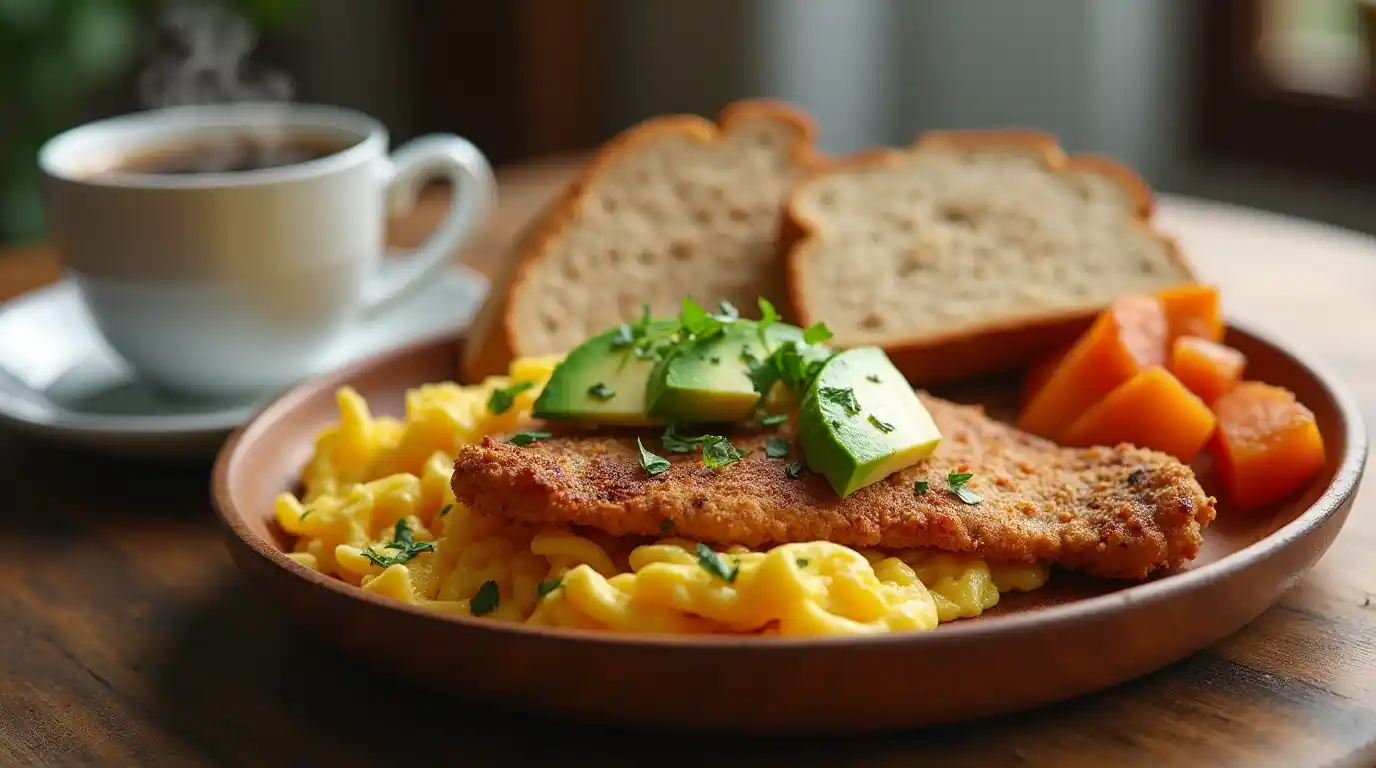 A beautifully plated chicken breakfast with crispy chicken strips, fluffy scrambled eggs, avocado slices, and whole wheat toast on a rustic wooden plate.