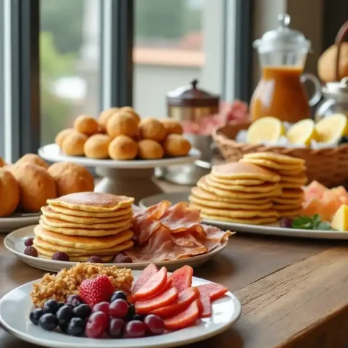 A beautifully arranged breakfast buffet with pancakes, scrambled eggs, bacon, fresh fruit, pastries, and coffee, set on a rustic wooden table with natural lighting.