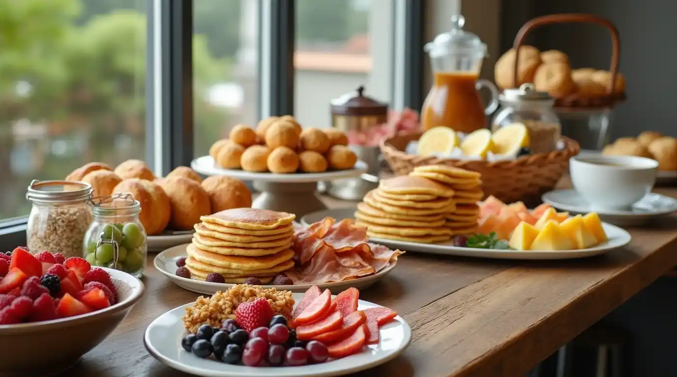 A beautifully arranged breakfast buffet with pancakes, scrambled eggs, bacon, fresh fruit, pastries, and coffee, set on a rustic wooden table with natural lighting.