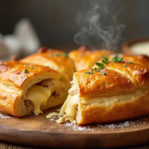 A golden, flaky Chicken and Cheese Jalousie sliced open, revealing a gooey cheese and tender chicken filling, served on a rustic wooden board.