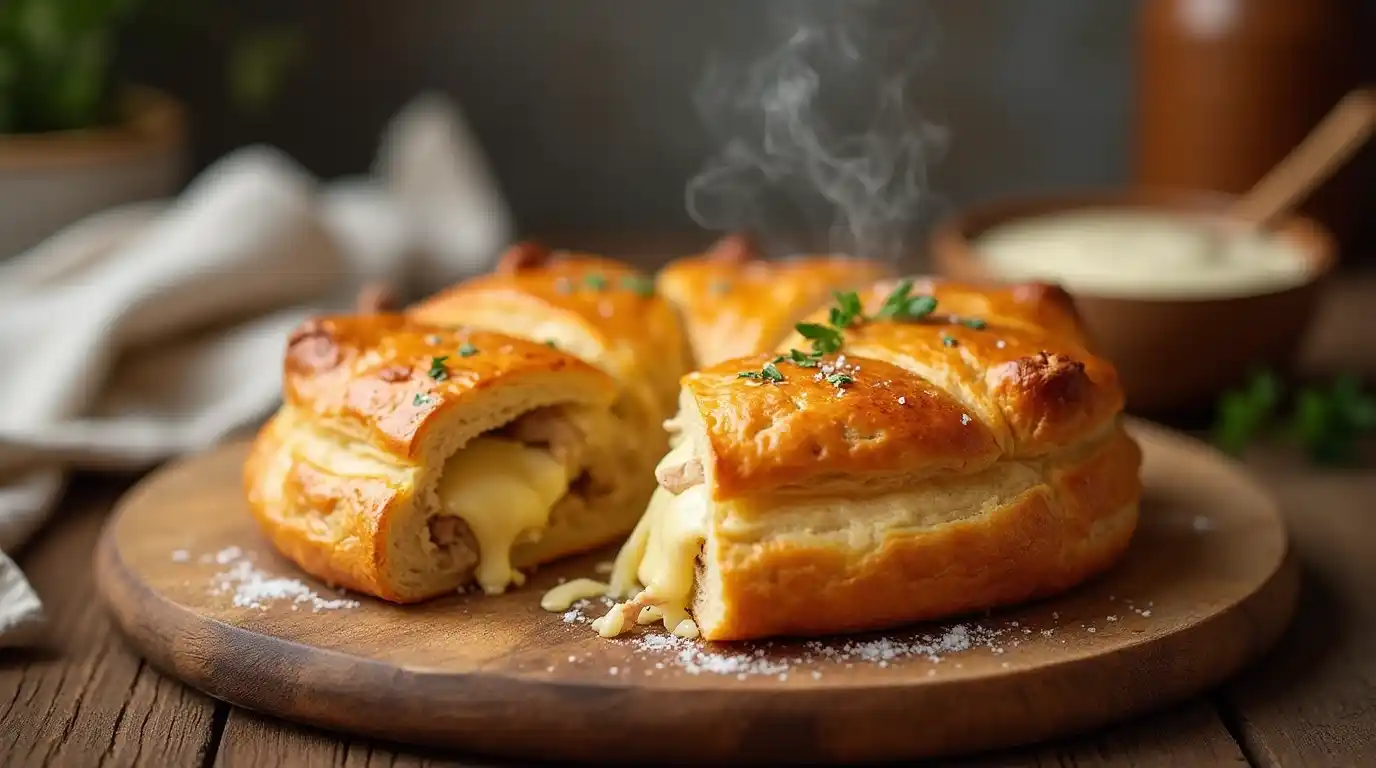 A golden, flaky Chicken and Cheese Jalousie sliced open, revealing a gooey cheese and tender chicken filling, served on a rustic wooden board.